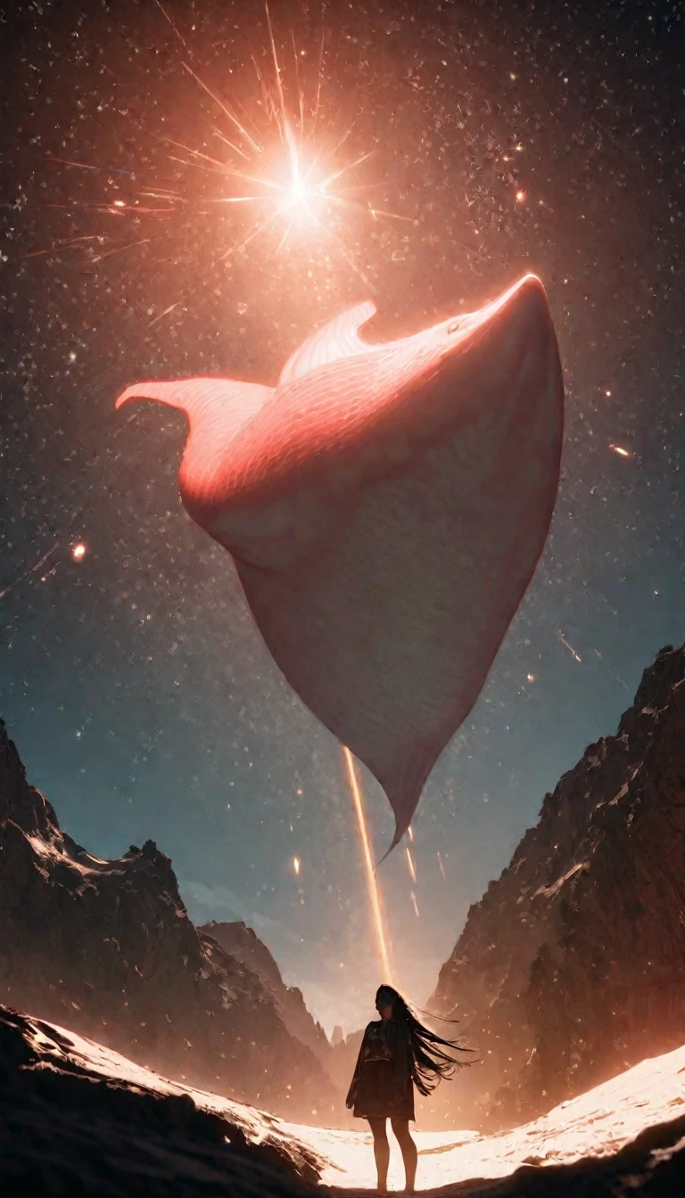 Low angle view,Looking up, A long-haired girl standing on the top of the mountain,A huge, glowing whale flies overhead,Starry Sky,Canon EOS R5,Photo effects,Graininess,Glowing Effects,Super Fine,Ultra-realistic,Real light and shadow contrast,True ray tracing,True light falloff,True light reflection,Anti-aesthetic style,Poodlepunk,Snapshot aesthetic style , High Saturation,CG Art, Makoto Shinkai's photo, pure, Concept Art, Lofi Art style,Shinkai Makoto animation art style, Lofi Art, Beautiful anime scene, Anime Landscape, Detailed scenery, Makoto Shinkai's style, Makoto Shinkai's style, Enhance Details