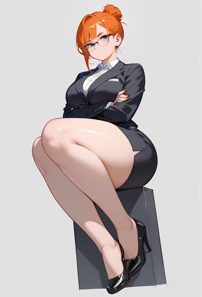 pale adult woman, large breasts, very thick thighs, massive thighs, wide hips, short ginger hair in a sleek hairbun, glasses, tight black blazer, tight black pencil skirt, mid-thigh black pencil skirt hem, thick thighs pressed together, very thick legs, thick calves, wearing black high heels, bored expression, strict teacher, facing forward, she is standing, legs and feet in the photo, crossing arms under her chest, straight face, raised eyebrow, full body shown, voluptuous, detailed face, 8k quality, toes pointed inward, full body shown, staring, footjob