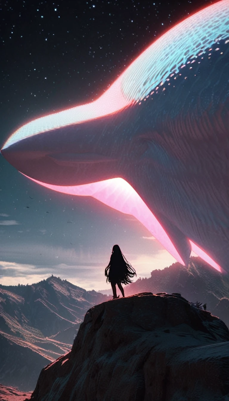 Low angle view，Looking up， A long-haired girl standing on the top of the mountain，A huge, glowing whale flies overhead，Starry Sky，Canon EOS R5，Photo effects，Graininess，Glowing Effects，Super Fine，Ultra-realistic，Real light and shadow contrast，True ray tracing，True light falloff，True light reflection，Anti-aesthetic style，Poodlepunk，Snapshot aesthetic style ， High Saturation，CG Art， Makoto Shinkai&#39;s photo, pure, Concept Art, Lofi Art style，Shinkai Makoto animation art style, Lofi Art, Beautiful anime scene, Anime Landscape, Detailed scenery, Makoto Shinkai&#39;s style, Makoto Shinkai&#39;s style, Enhance Details