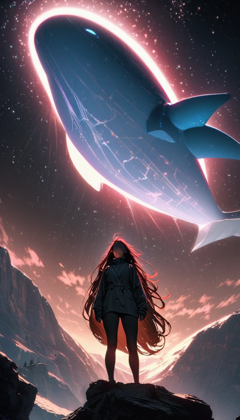 Low angle view,Looking up, A long-haired girl standing on the top of the mountain,A huge, glowing whale flies overhead,Starry Sky,Canon EOS R5,Photo effects,Graininess,Glowing Effects,Super Fine,Ultra-realistic,Real light and shadow contrast,True ray tracing,True light falloff,True light reflection,Anti-aesthetic style,Poodlepunk,Snapshot aesthetic style , High Saturation,CG Art, Makoto Shinkai's photo, pure, Concept Art, Lofi Art style,Shinkai Makoto animation art style, Lofi Art, Beautiful anime scene, Anime Landscape, Detailed scenery, Makoto Shinkai's style, Makoto Shinkai's style, Enhance Details