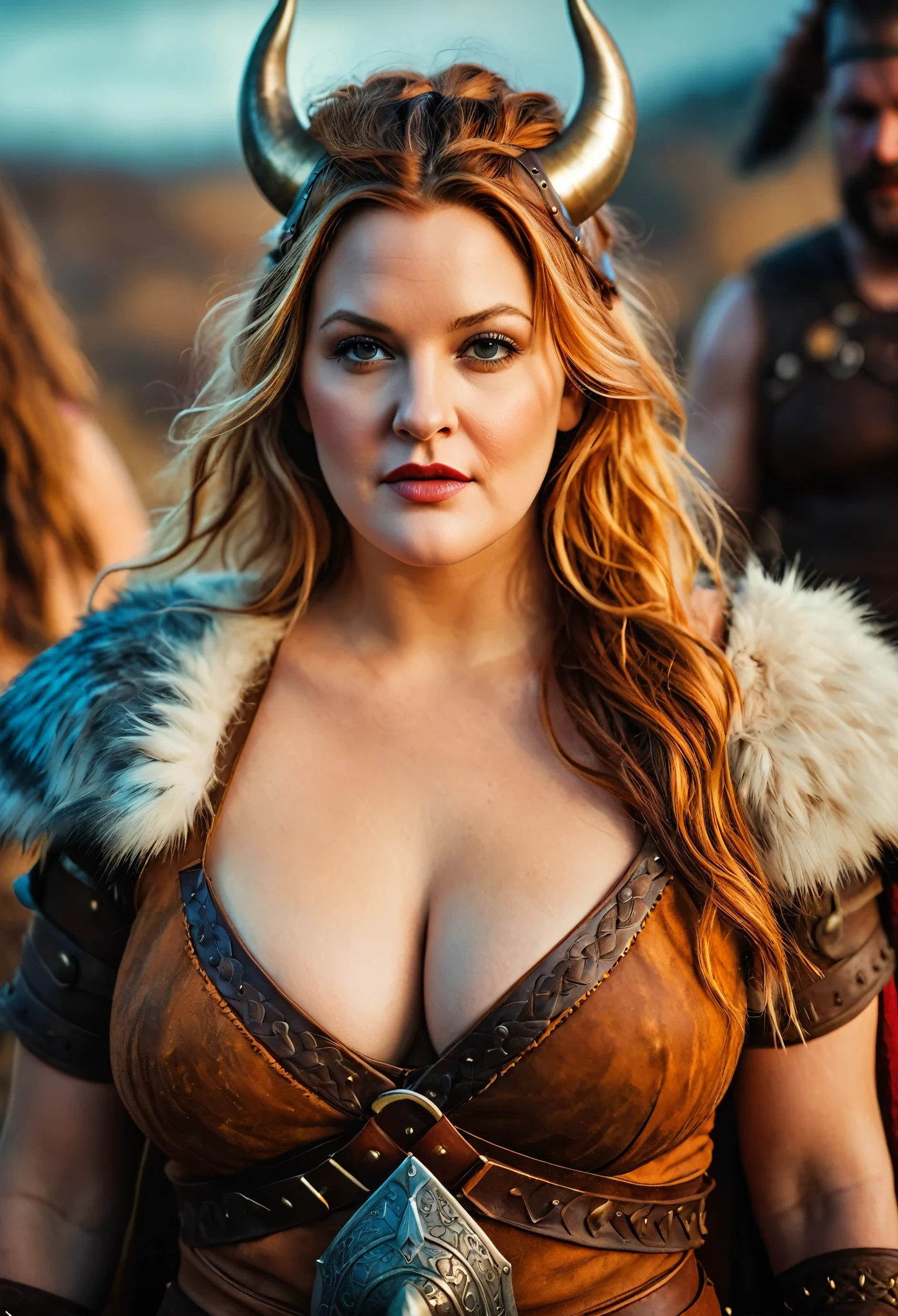Looks like Drew Barrymore, A stunning intricate full color portrait of (sks woman:1) as (viking warrior), (barbarian), extremely seductive woman, busty outfit, perfect plus size Beauty, Barbarian warrior queen, fluffy streax hair, styled hair, epic character composition, by ilya kuvshinov, alessio albi, nina masic, sharp focus, natural lighting, subsurface scattering, f2, 35mm, film grain,
