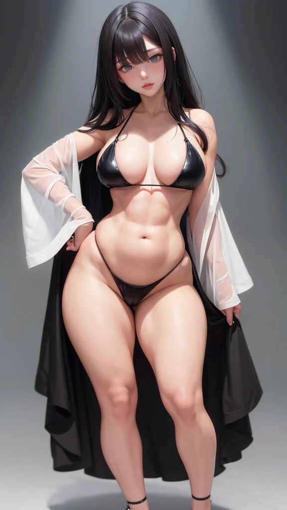 wide hips, attractive long legs, wedge heels,  beautiful eyes, Beautiful whole body, small breasts, short silk dress underwear, a tempting look, Abs, Plump body shape, black hair, red eyes, full body, Bewitching pose, thick calves, Slightly parted lips, Blank Eyes