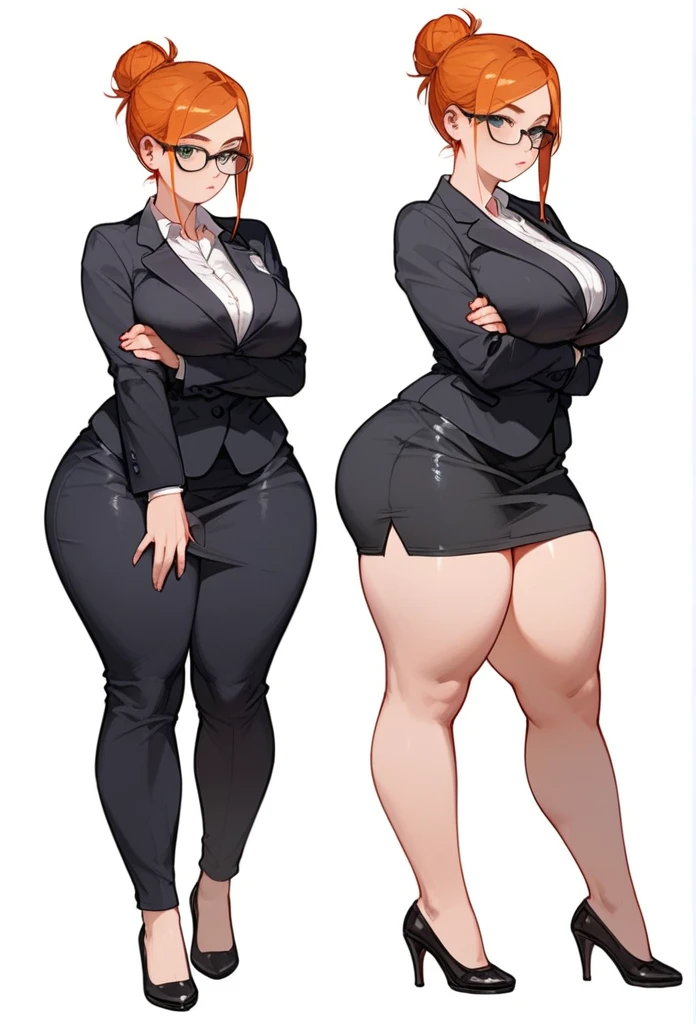 pale adult woman, large breasts, very thick thighs, massive thighs, wide hips, short ginger hair in a sleek hairbun, glasses, tight black blazer, tight black pencil skirt, mid-thigh black pencil skirt hem, thick thighs pressed together, very thick legs, thick calves, wearing black high heels, bored expression, strict teacher, facing forward, she is standing, legs and feet in the photo, crossing arms under her chest, straight face, raised eyebrow, full body shown, voluptuous, detailed face, 8k quality, toes pointed inward, full body shown, staring, man is groping her ass from behind, side view