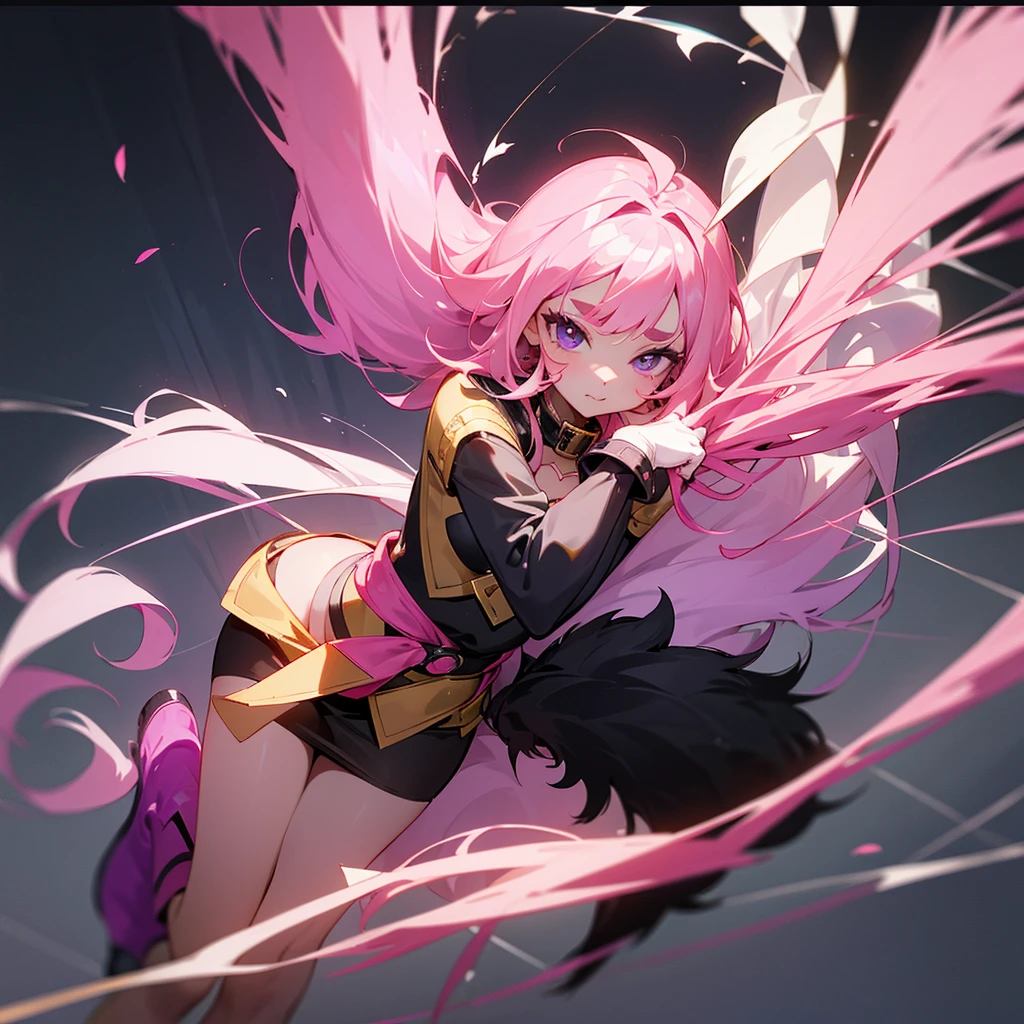 melodie has short light pink hair with two longer hair strands on front and bangs. She wears hot pink bow on her hair (behind) with 2 normal strands and one very long. she has dark purple eyebrows, like from anime, she speaks both korean and english, dont worry she just says stupid, nonsense sentences in korean. she has long eyeliner, on top, in the middle and bottom one. she has cat shaped mouth. She wears black collar with heart on it. She wears short black top without slevees and yellow cool fur on her shoulders. she wears long gloves (dark purple) on her hands & arms. she wears gold colored skirt with gold belt on it. she wears black panties, black above-the-knee socks, pink boots and has big . she has her own lovely-creatures (ligature and sixteenth notes) who will fly around her and protect her. She is VERY tall and she has hot figure (slim and sexy)