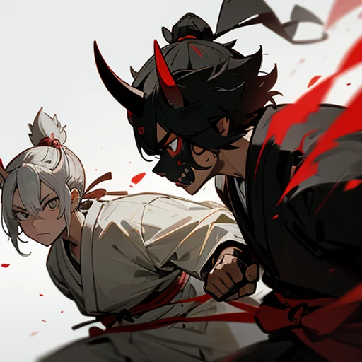 two samurai, wearing oni masks, fighting against each other