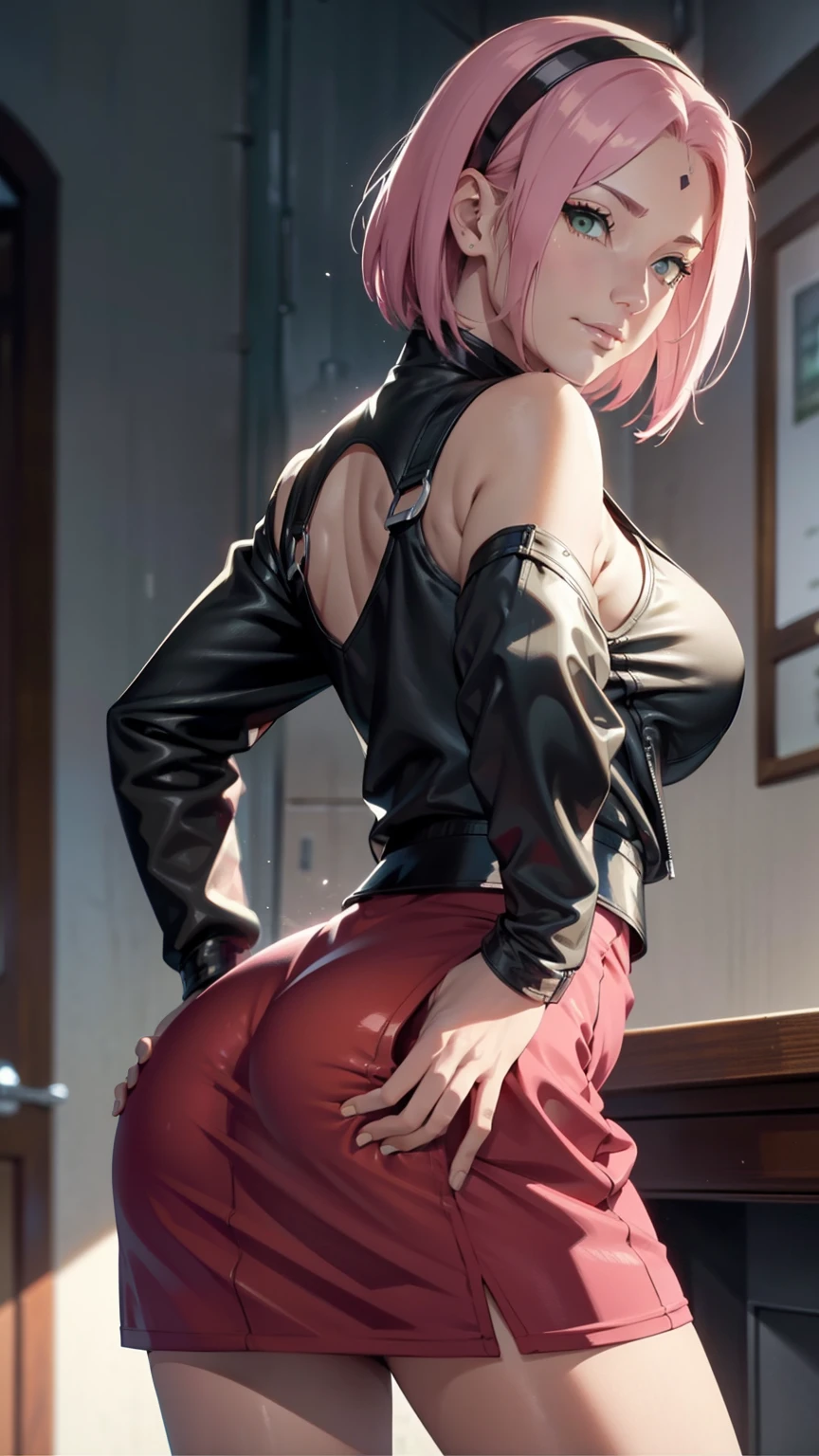 ((masterpiece))、(top-quality)、(detailed, 27 years old)、(1girl, her is seen) (pink hair succubus. She's slightly bending over, and her large buttocks is sticking out. She's parting her own ass)The lens is facing her back low to the floor facing up at her. Background is a highly detailed abandoned church with graffiti glossy skin. 4k. Lens is very low to the ground looking up at her.