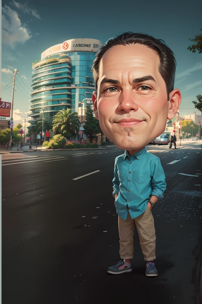 arafed man standing in front of a building with a large building in the background, caricature style, in cartoon style, big head, standing in a city center, chibi, caricature illustration, caricature!!!, caricature, digital art cartoon, cartoon artstyle, standing on street corner, with a big head, realistic cartoon, charicature, in city street, cartoon portrait