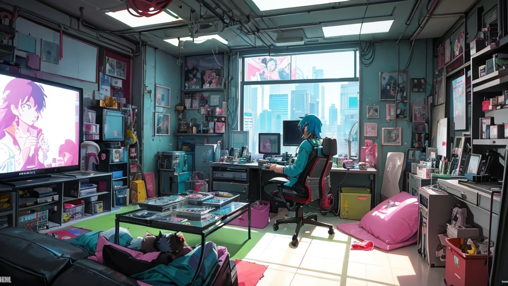 cartoon of a living room with a tv and a cat, concept art inspired by Tomer Hanuka, tumblr, conceptual art, style of madhouse studio anime, background jet ground radio, in a cluttered lab, from akira ( 1 9 8 8 ) style, cyberpunk childrens bedroom, bedroom in studio ghibli, the cyberpunk apartment, cyberpunk garage on jupiter