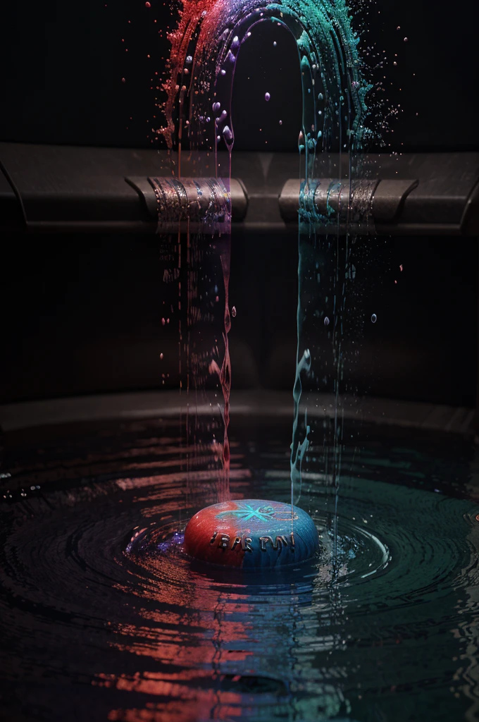 @~:3d rendering of the word "Aron Marasai" with water splash/correct spelling/, photoshop water art, red color, purple blue green, dark background, normal, graphic artist, photorealistic, 3d graphics, 3d graphi