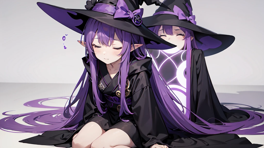 1 person. Anime girl with long purple hair and black robe. Pointy ears. Cute as in manga. Sitting with eyes closed. Headphones. Witch hat on the ground.