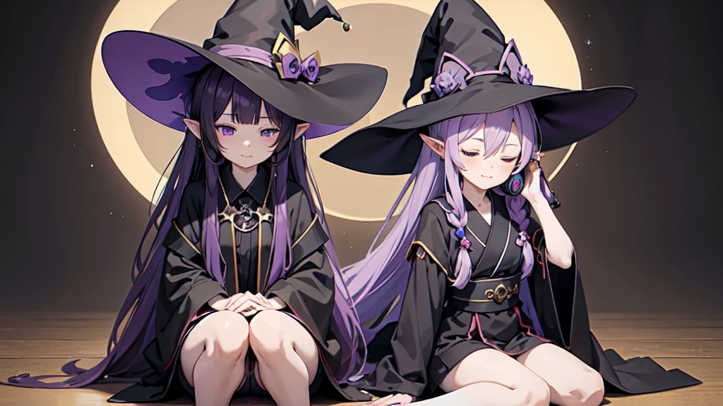 1 person. Anime girl with long purple hair and black robe. Pointy ears. Cute as in manga. Sitting with eyes closed. Headphones. Witch hat on the ground.