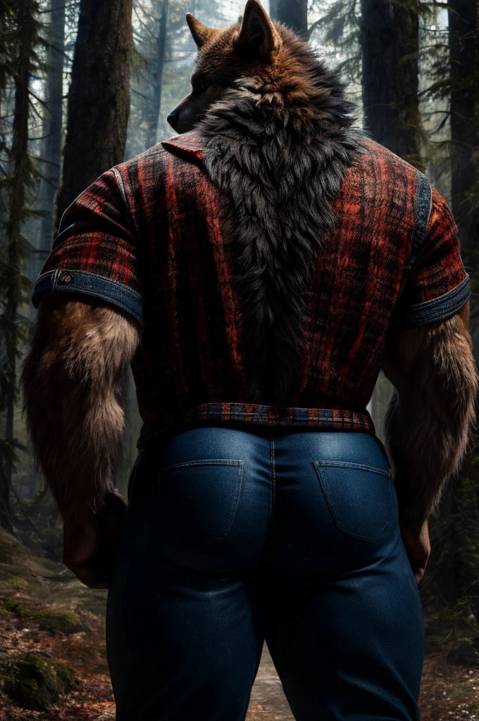 (full body shot), (realistic style), (furry), (humanoid), male wolf, full body brown fur, brown eyes, perfect muscular body, and biggest muscles, biggest pecs, biggest thighs, and biggest ass, wearing blue jeans and red plaid jacket, no shirt, realistic forest background, rear shot