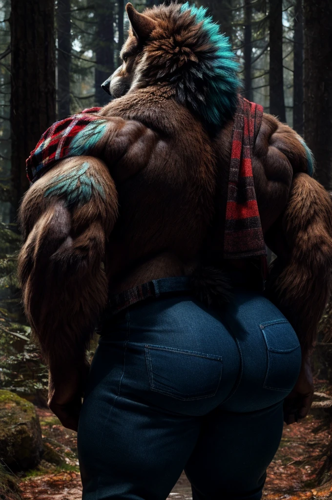 (full body shot), (realistic style), (furry), (humanoid), male wolf, full body brown fur, brown eyes, perfect muscular body, and biggest muscles, biggest pecs, biggest thighs, and biggest ass, wearing blue jeans and red plaid jacket, no shirt, realistic forest background, rear shot