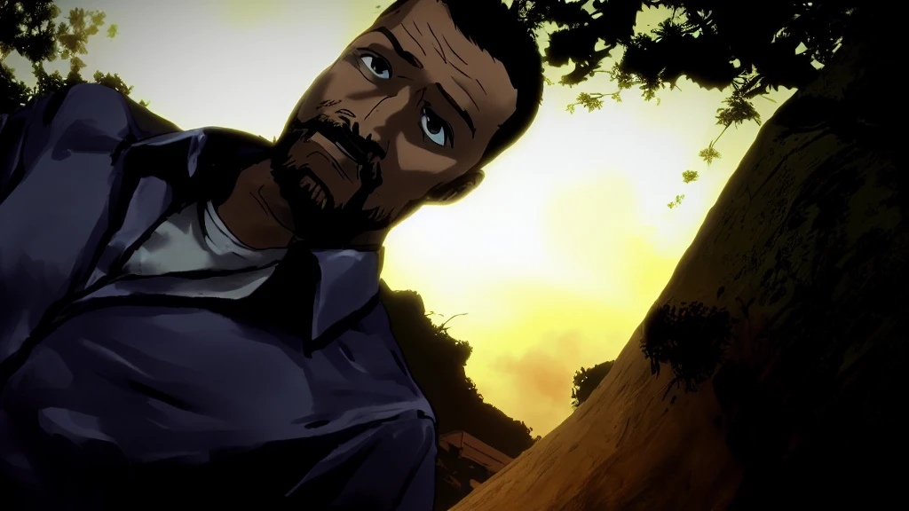 arafed man with a beard and a blue shirt staring at the camera, telltale games style, video game cutscene, cutscene footage, super realistic”, cutscene, video game screenshot>, in the walking dead, telltale style, rick grimes, high quality screenshot, stephan, hd, realistic”, realistic ”, african jesse pinkman portrait, edited, archer