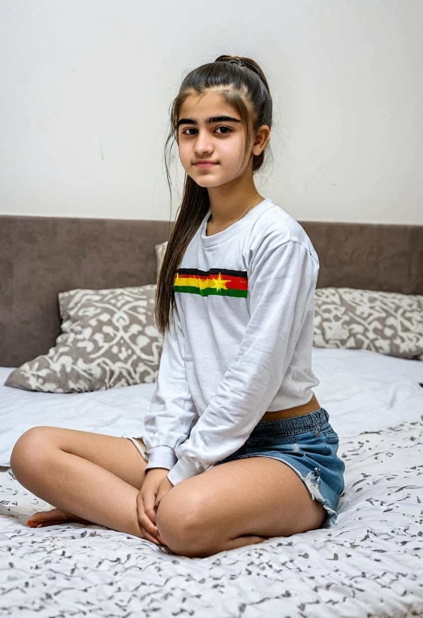 Ponytail hair Kurdish teen girl sitting on bed 