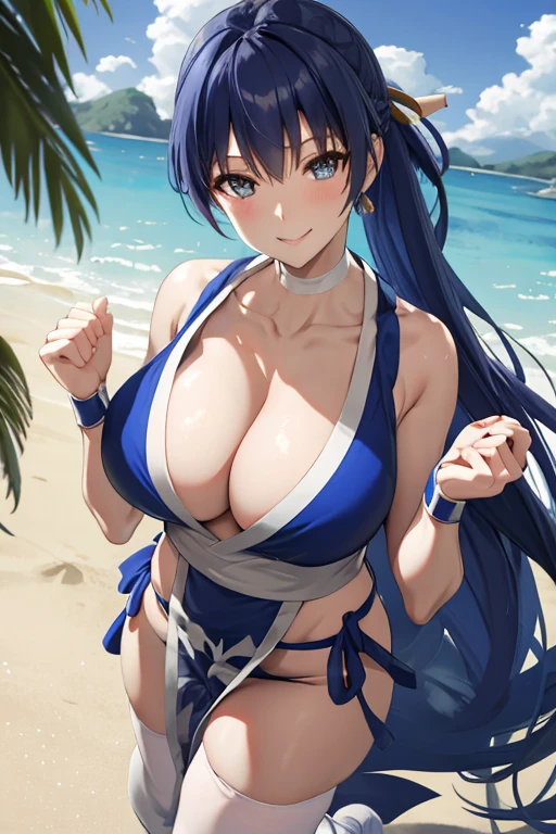 masterpiece, best quality, beautiful art, high resolution, well formed hands, body and fingers, 1 woman, solo, blue hair, blue eyes, hair ornament,  adult, grown up, big breasted, cleavage,  full body, braided long hair, blue_japanese_clothes, wearing DOA Kasumi's blue kunoichi dress, sexy and skimpy japanese clothes, kimono peek, panties peek, sleeveless, white stockings, gorgeous legs and thighs, she starts fighting back, she punches directly to the viewer, throwing fists, action and fighting scene, smiling joyfully, looking at the viewer, flirting, beach environment 