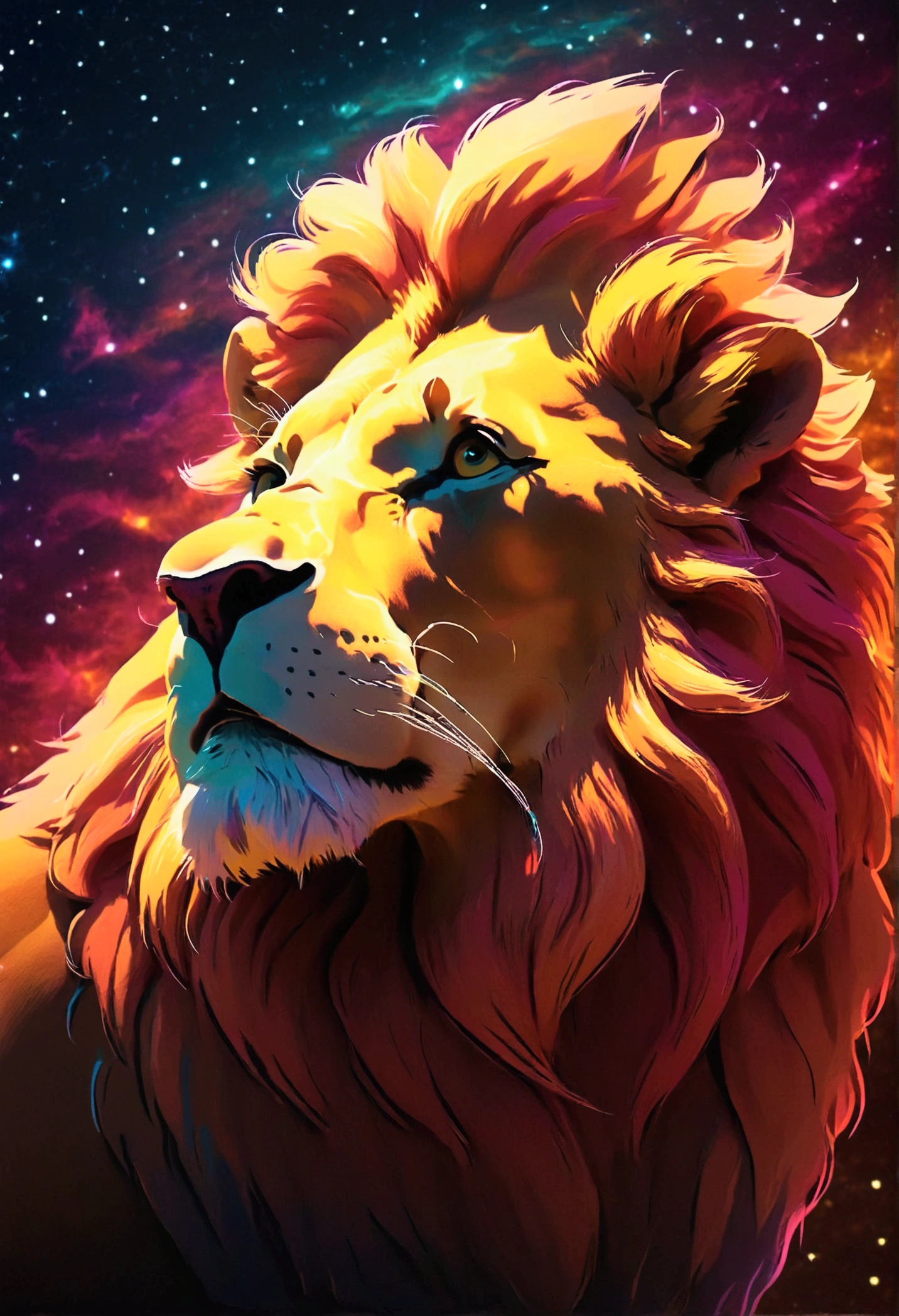 a lion silhouette (stylized) composed by bright stars. Cosmic background