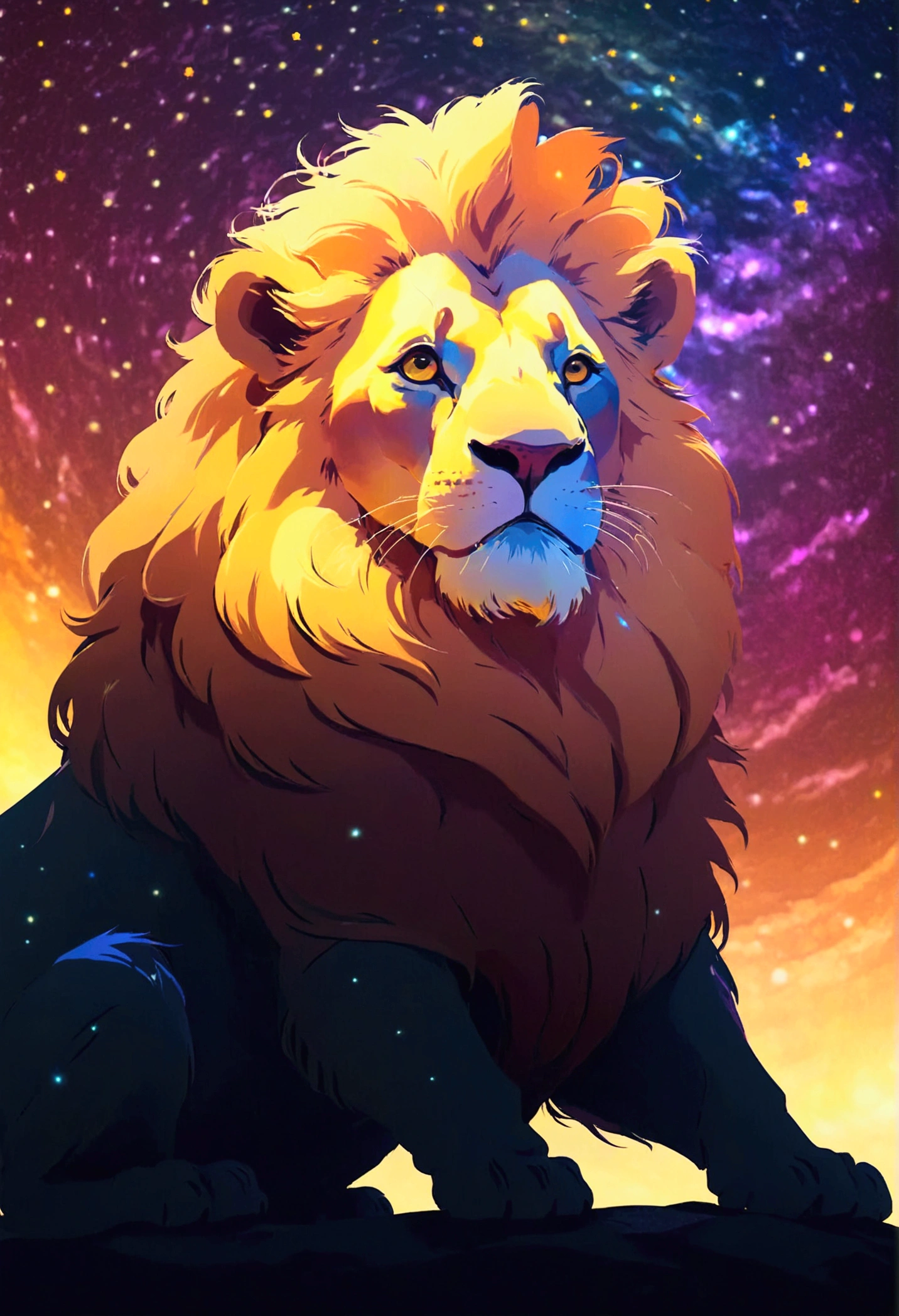 a lion silhouette (stylized) composed by bright stars. Cosmic background