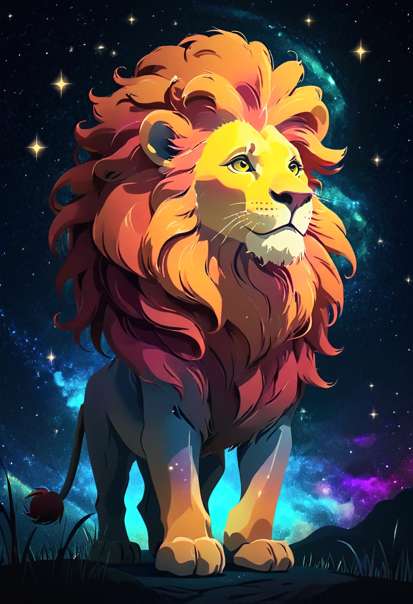 a lion silhouette (stylized) composed by bright stars. Cosmic background