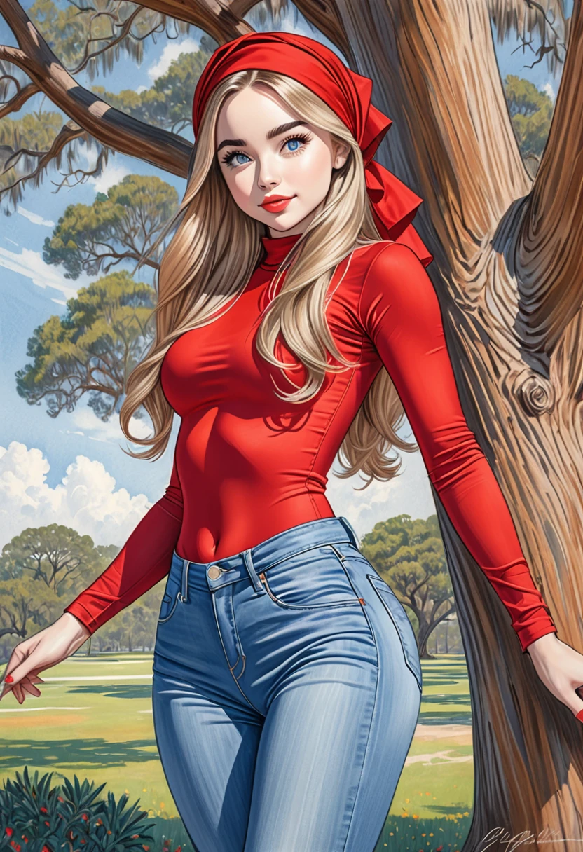 A colored pencil sketch of A beautiful woman, Red leotard, attractive head scarf very large round heaving beutifully shaped breasts, skin tight highrise jeans. curvy, thin-waist, wide-hips, swaying-hips, fit, healthy chiseled, vuluptious figure. mash up of Sabrina Carpenter, She is sitting seductively under a live oak tree.