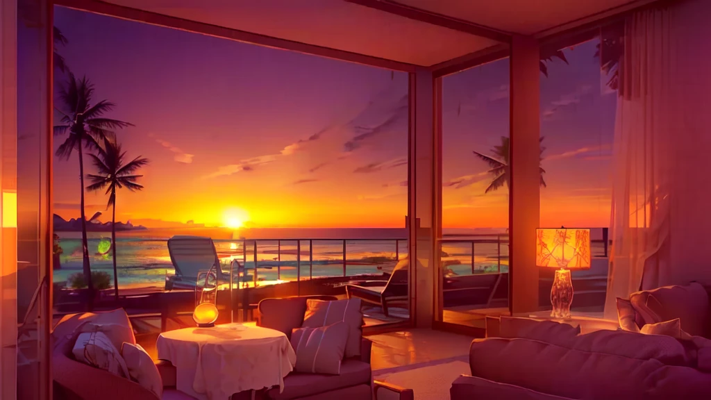 arafed view of a sunset from a living room with a couch and chairs, nice sunset, beach sunset background, gorgeous romantic sunset, beautiful wallpaper, sunset view, beautiful sunset glow, relaxing atmosphere, sunset illustration, warm beautiful scene, sunset glow, stunning sunset, beautiful sunset, realistic scene, overlooking the ocean, sunset time, ocean view, summer setting