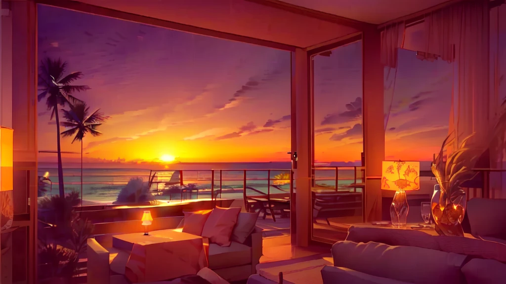 arafed view of a sunset from a living room with a couch and chairs, nice sunset, beach sunset background, gorgeous romantic sunset, beautiful wallpaper, sunset view, beautiful sunset glow, relaxing atmosphere, sunset illustration, warm beautiful scene, sunset glow, stunning sunset, beautiful sunset, realistic scene, overlooking the ocean, sunset time, ocean view, summer setting