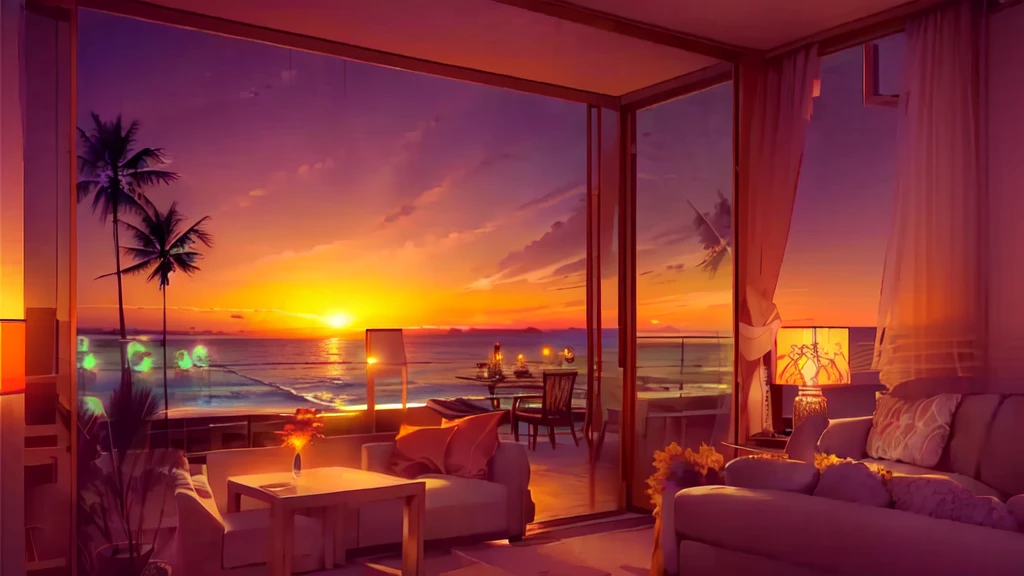 arafed view of a sunset from a living room with a couch and chairs, nice sunset, beach sunset background, gorgeous romantic sunset, beautiful wallpaper, sunset view, beautiful sunset glow, relaxing atmosphere, sunset illustration, warm beautiful scene, sunset glow, stunning sunset, beautiful sunset, realistic scene, overlooking the ocean, sunset time, ocean view, summer setting