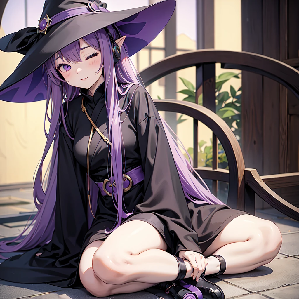1 person. Anime girl with long purple hair and black robe. Pointy ears. Cute as in manga. Sitting with eyes closed. Headphones. Witch hat on the ground.
