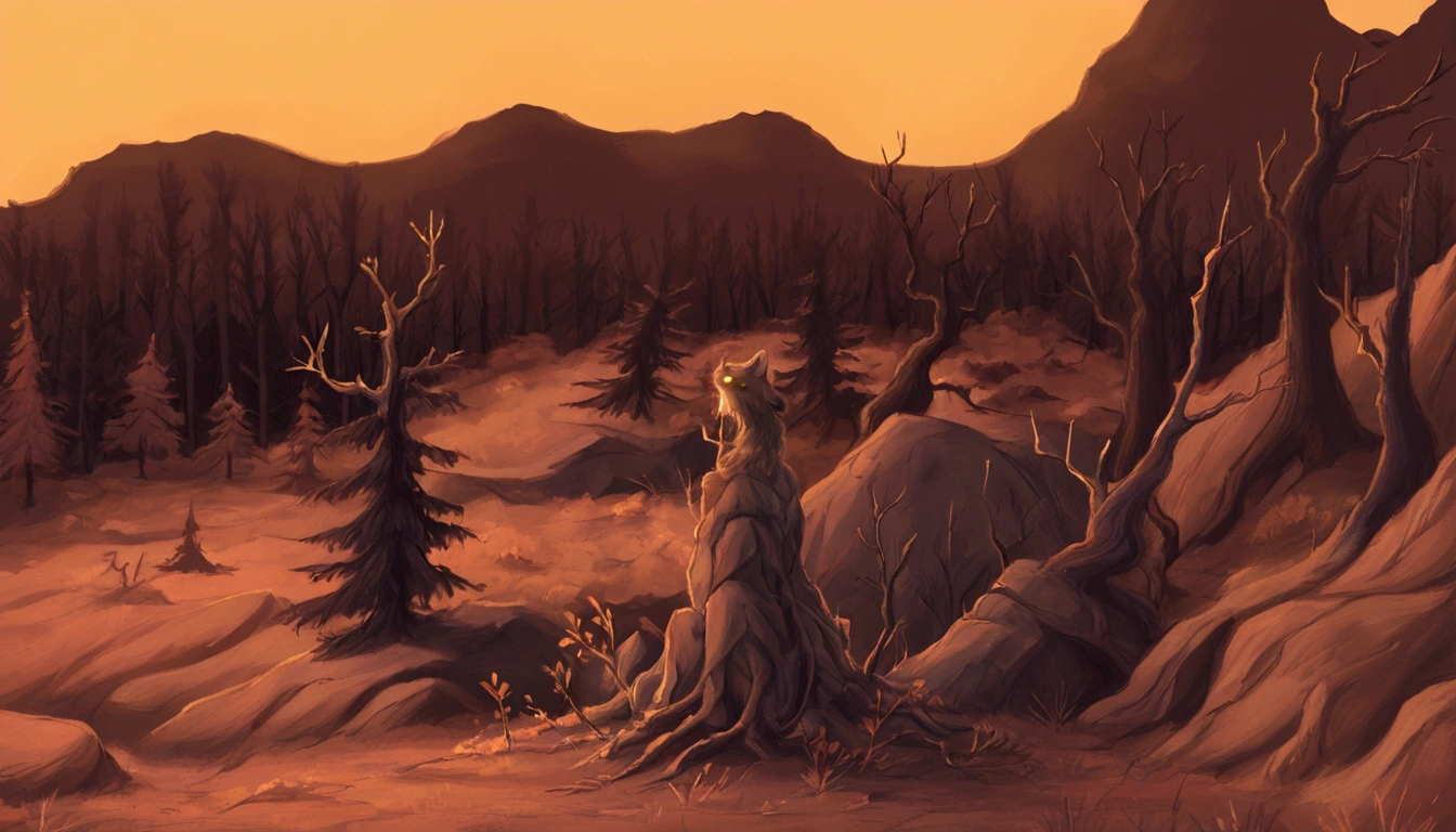 Masterpiece, best quality, very detailed, A dark, sinister lion’s lair nestled deep in the forest. The lair is a rocky, shadowy den, surrounded by towering trees with twisted, gnarled branches on either side. The forest floor is littered with dried leaves and bones, creating an eerie atmosphere. Evil lions with menacing eyes patrol the territory, their muscular forms moving stealthily through the dim light that barely penetrates the dense canopy above. No humans or human buildings are present, only the ominous natural elements and the foreboding presence of the lions.