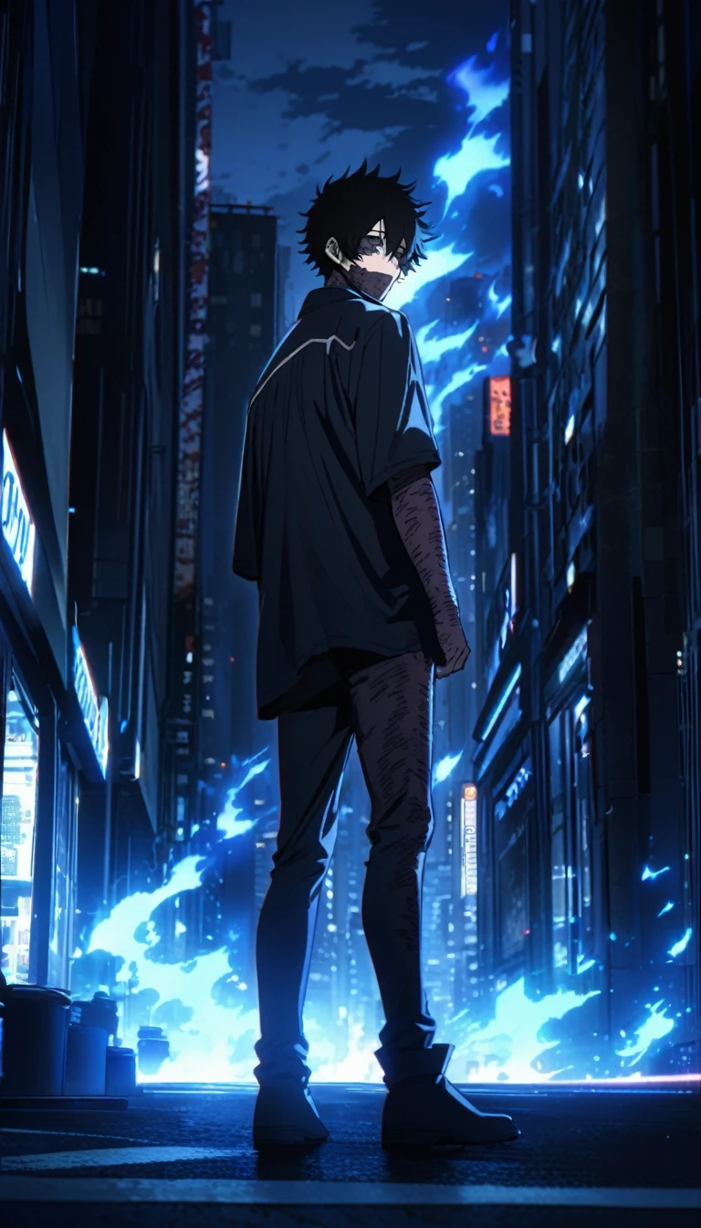 dabi standing in the distance on a tokyo street with blue flames burning around, sky scrapers in the distance, masterpiece, bestquality, night time, beautiful lighting,