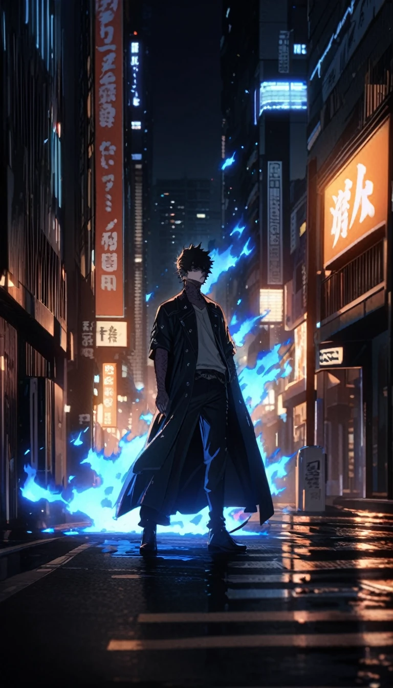 dabi standing in the distance on a tokyo street with blue flames burning around, sky scrapers in the distance, masterpiece, bestquality, night time, beautiful lighting,