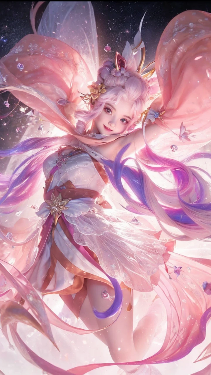A young girl with pink hair and a beautiful face wearing charming clothes