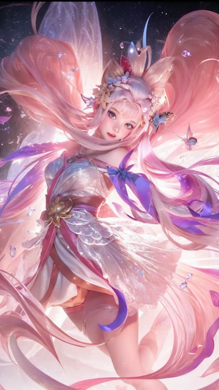 A young girl with pink hair and a beautiful face wearing charming clothes