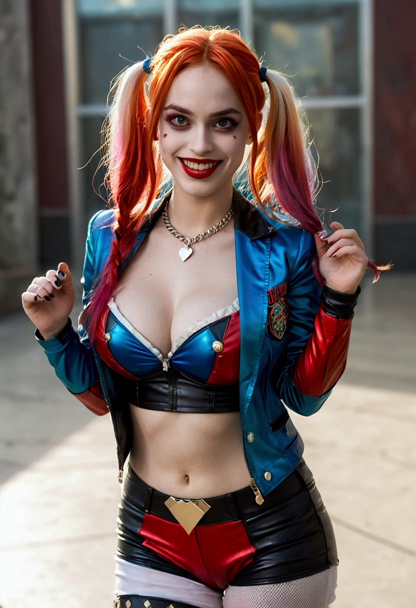 ultra realistic, photography, long red hair, girl, 24 years old, hourglass figure, perfect body, Flirty look, extremely detailed artgerm, in the style artgerm, small breasts, facing the camera, lens 35 mm, blur background, red and blue Harley Quinn costume (from the 2016 suicide squad movie), lively costume party as background, laughing, full body picture, full body