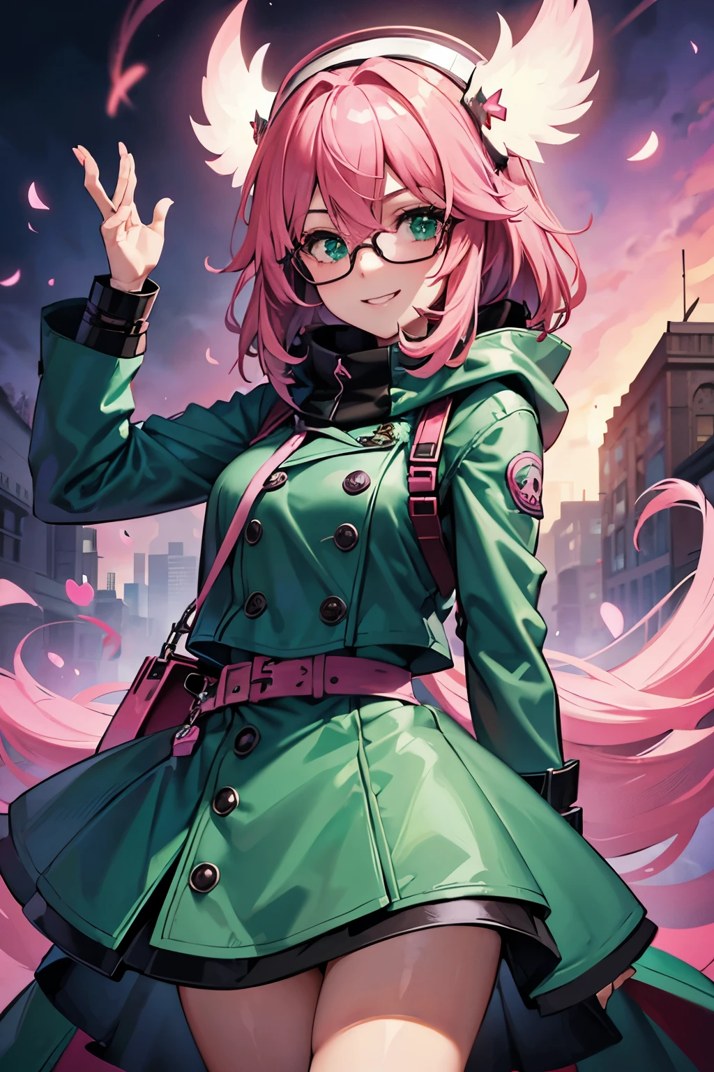 1girl, Heartsteel style, pink hair, medium hair, ushanka, green clothes, pink coat, cool headset, rounded glasses, gamer, 8k, humanization, looking at viewer, smile, attitude, solo, masterpiece, fully dressed, full resolution, high definition, portrait, cute eyes, cheerful, dynamic, elite