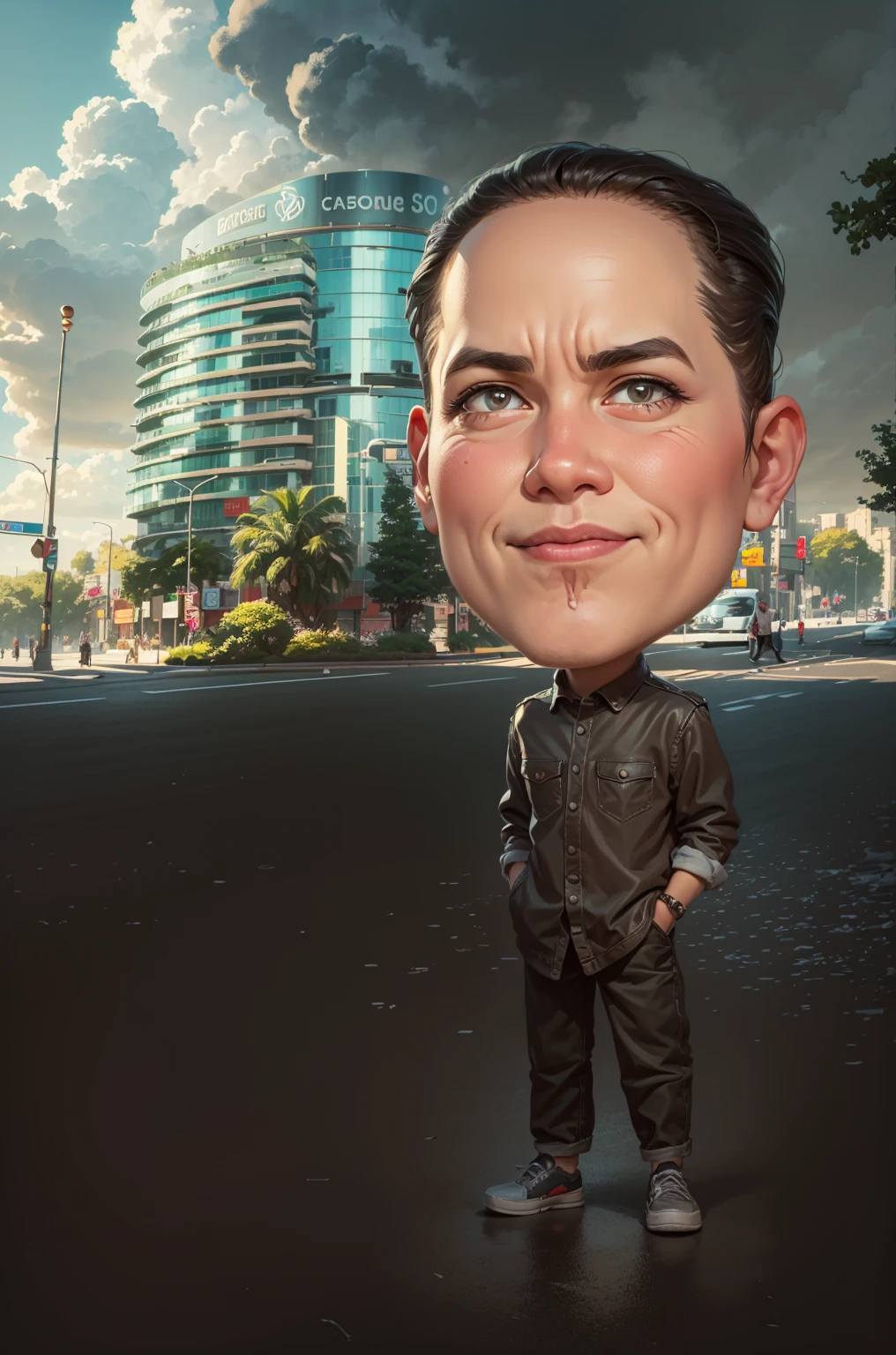 arafed man standing in front of a building with a large building in the background, caricature style, in cartoon style, big head, standing in a city center, chibi, caricature illustration, caricature!!!, caricature, digital art cartoon, cartoon artstyle, standing on street corner, with a big head, realistic cartoon, charicature, in city street, cartoon portrait