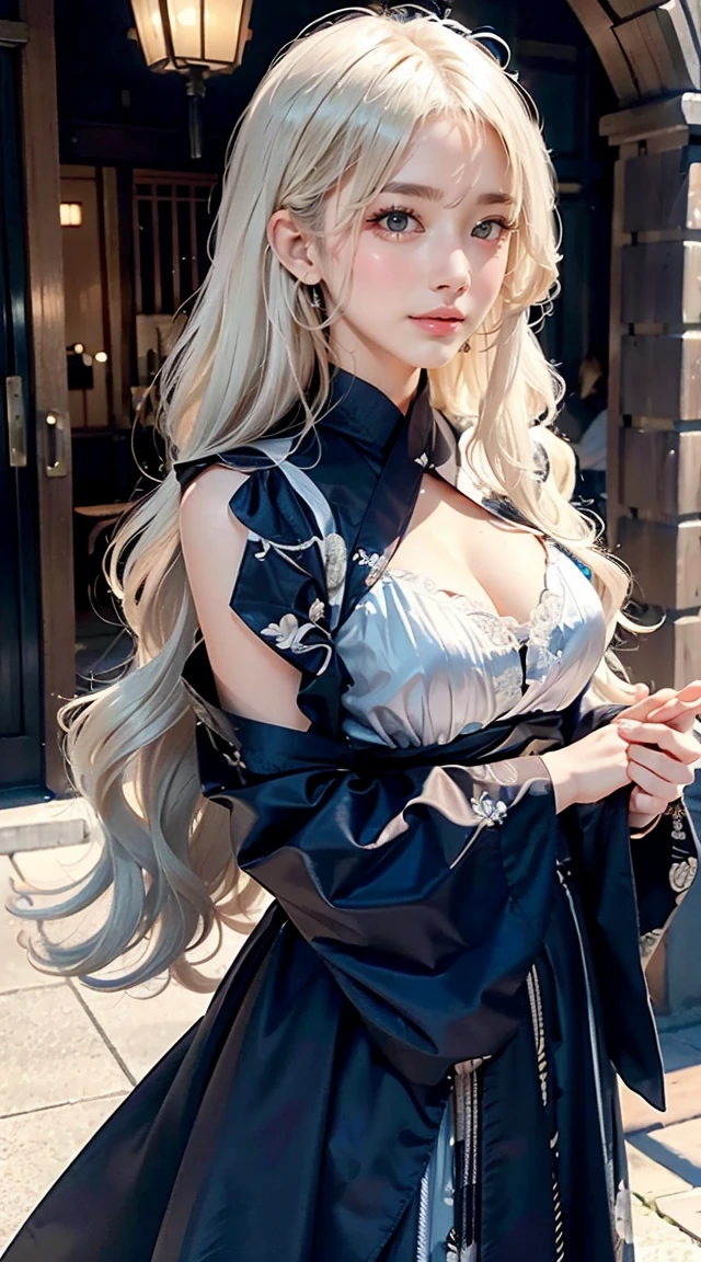 25-year-old Caucasian female、Platinum Blonde、blue eyes、semi-long、My hair is wavy、Laughter、I&#39;I don&#39;t want my head to disappear from the screen..、Tying up hair、wear Kimono、Standing in Kyoto