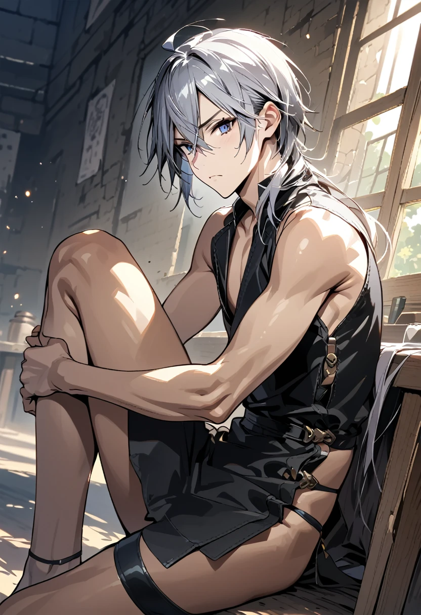 absurdres, highres, ultra detailed, super fine illustration, best quality, 1boy, perfect anatomy, male focus, solo, (dark-skinned:0.8) male, silver hair, long hair, black bikini, bare shoulders, bare arms, bare legs, &lt;lora:_L2090:-0.6&gt; &lt;lora:flat:-0.2&gt;


