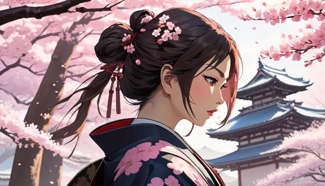 Female samurai,Background is cherry blossoms and a Japanese temple
