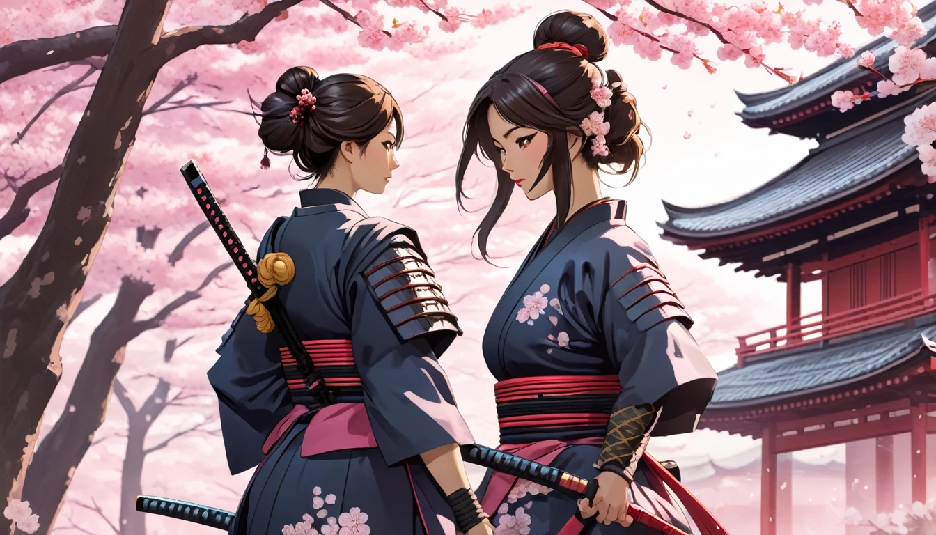 Female samurai,Background is cherry blossoms and a Japanese temple