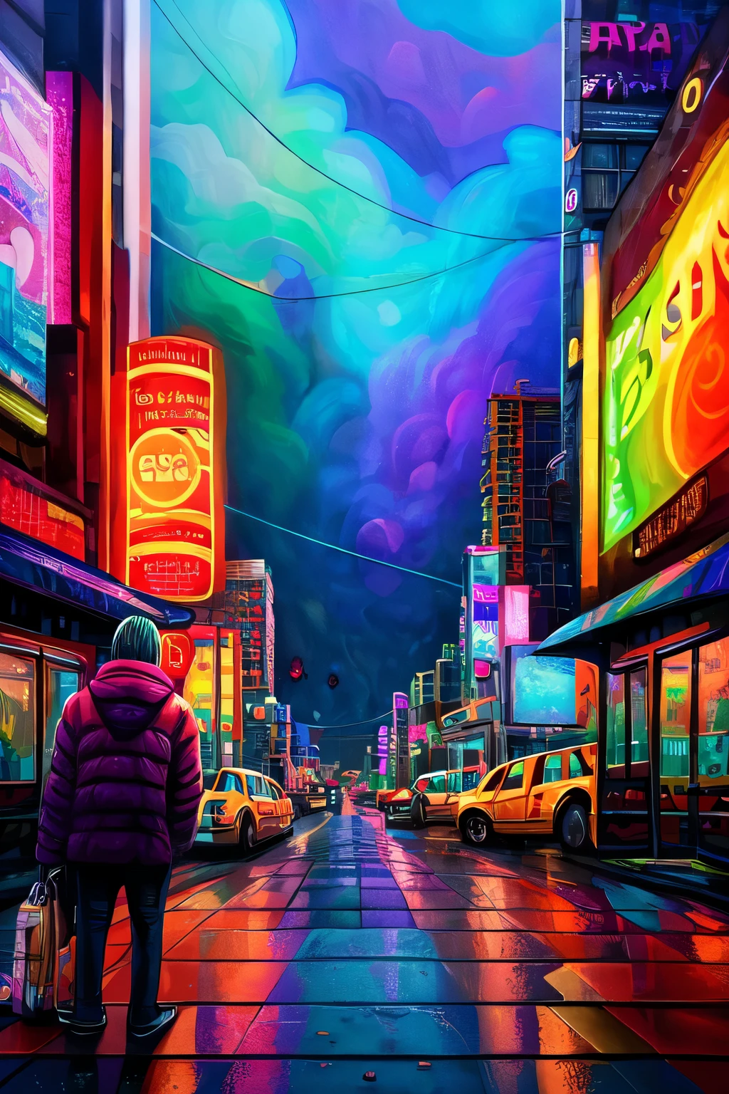 A psychedelic art, with traces of club art of a man waiting for the bus at a square stop to arrive in the center of a large metropolis on a drizzly day with a lot of traffic