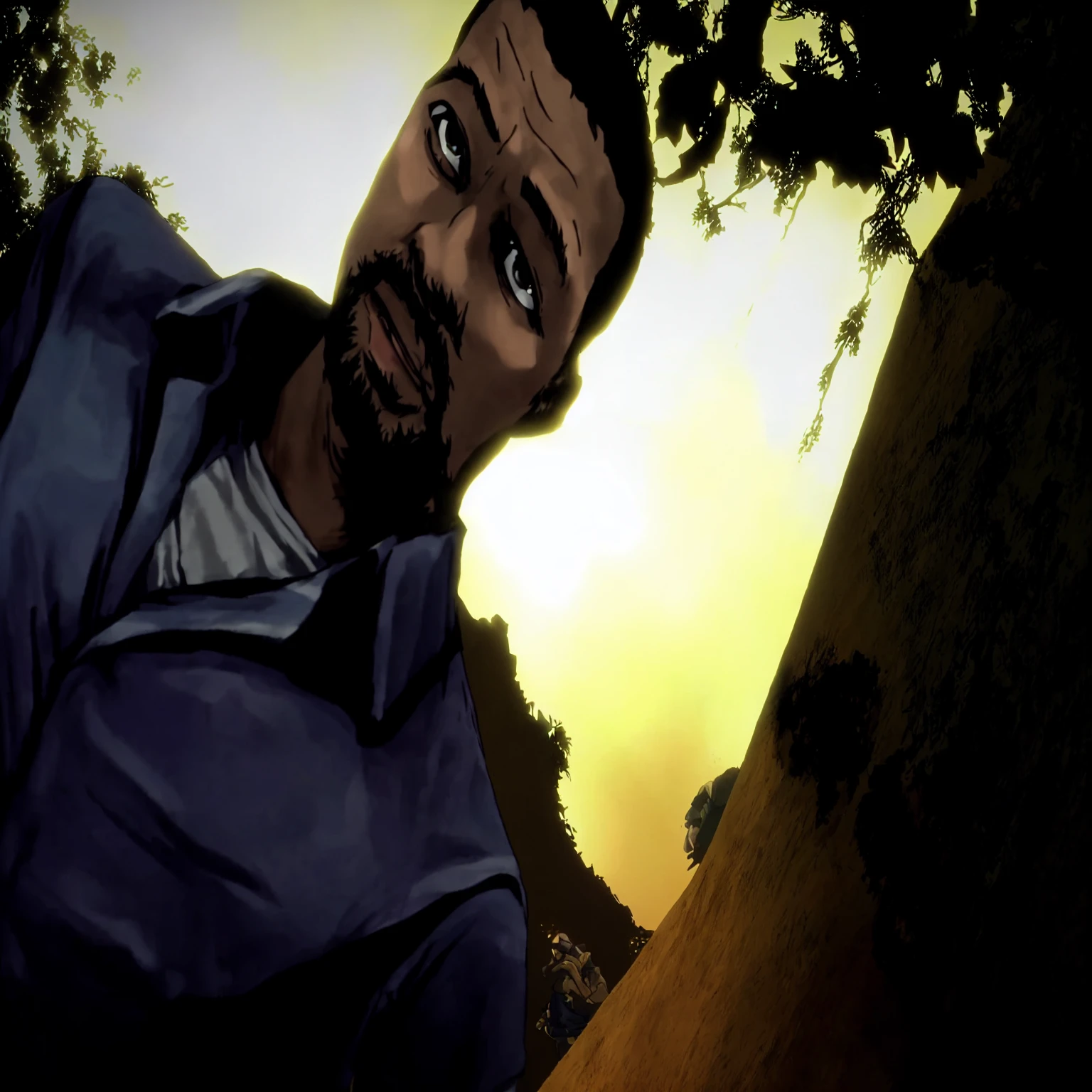 arafed man with a beard and a blue shirt staring at the camera, telltale games style, video game cutscene, cutscene footage, super realistic”, cutscene, video game screenshot>, in the walking dead, telltale style, rick grimes, high quality screenshot, stephan, hd, realistic”, realistic ”, african jesse pinkman portrait, edited, archer
