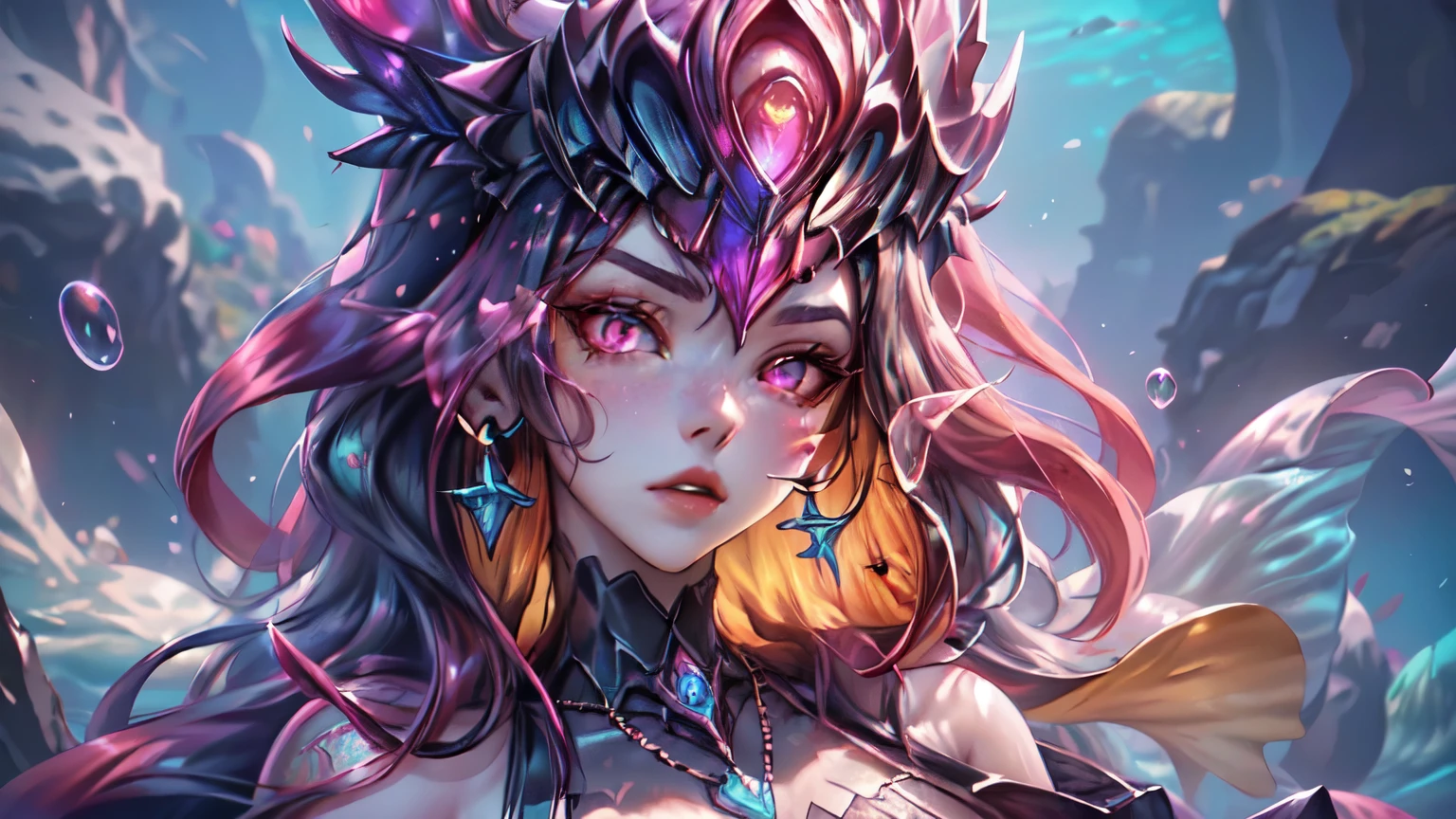 masterpiece, best quality), intricate details, (Best quality)), ((masterpiece)), ((realistic)), (hyperrealism:1.2), (fractal art:1.2), (1girl), (perfect face:1.3), ((red long hair)), extreme detailed eyes, colorful, highest detailed, Nami, fishbody, mermaid, scales, tail, orange ocean, pink waves, yellow eyes, freckles, red hair, (mermaid), (detailed fish), (glowing jellyfish, shining jellyfish:1.2), (bubbles:1.2), seaweed, water streaks, vibrant colors, high contrast, (8K UHD:1.2), (photorealistic:1.2), wearing dark grey metallic knight facial helmet with red ruby in center, dark grey metallic necklace, wearing dark grey metallic battle armor, faint red in the ocean in the background, kda