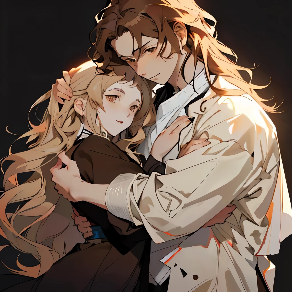 anime couple hugging, bungou stray dogs, girl with long wavy brown hair, Pale skin, Brown eyes grandes, long tunics, abrazando a un chicho de rasgos así asiáticos con Pale skin, Brown eyes, brown hair similar to dazai osamu