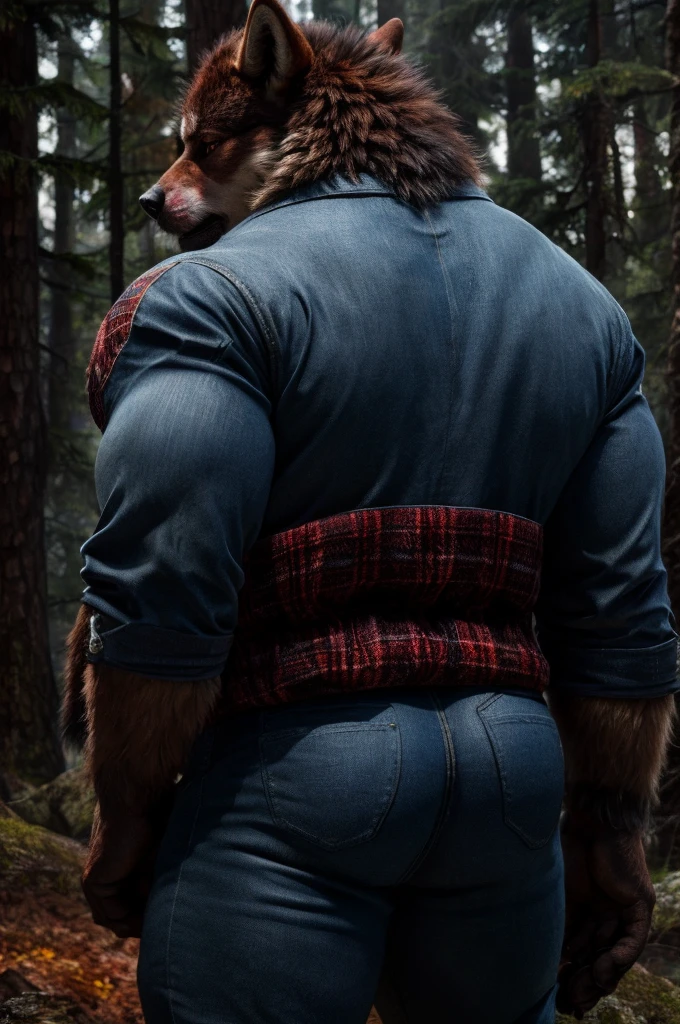 (full body shot), (realistic style), (furry), (humanoid), male wolf, full body brown fur, brown eyes, perfect muscular body, and biggest muscles, biggest pecs, biggest thighs, and biggest , wearing blue jeans and red plaid jacket, no shirt, realistic forest background, rear shot, brown wolf tail
