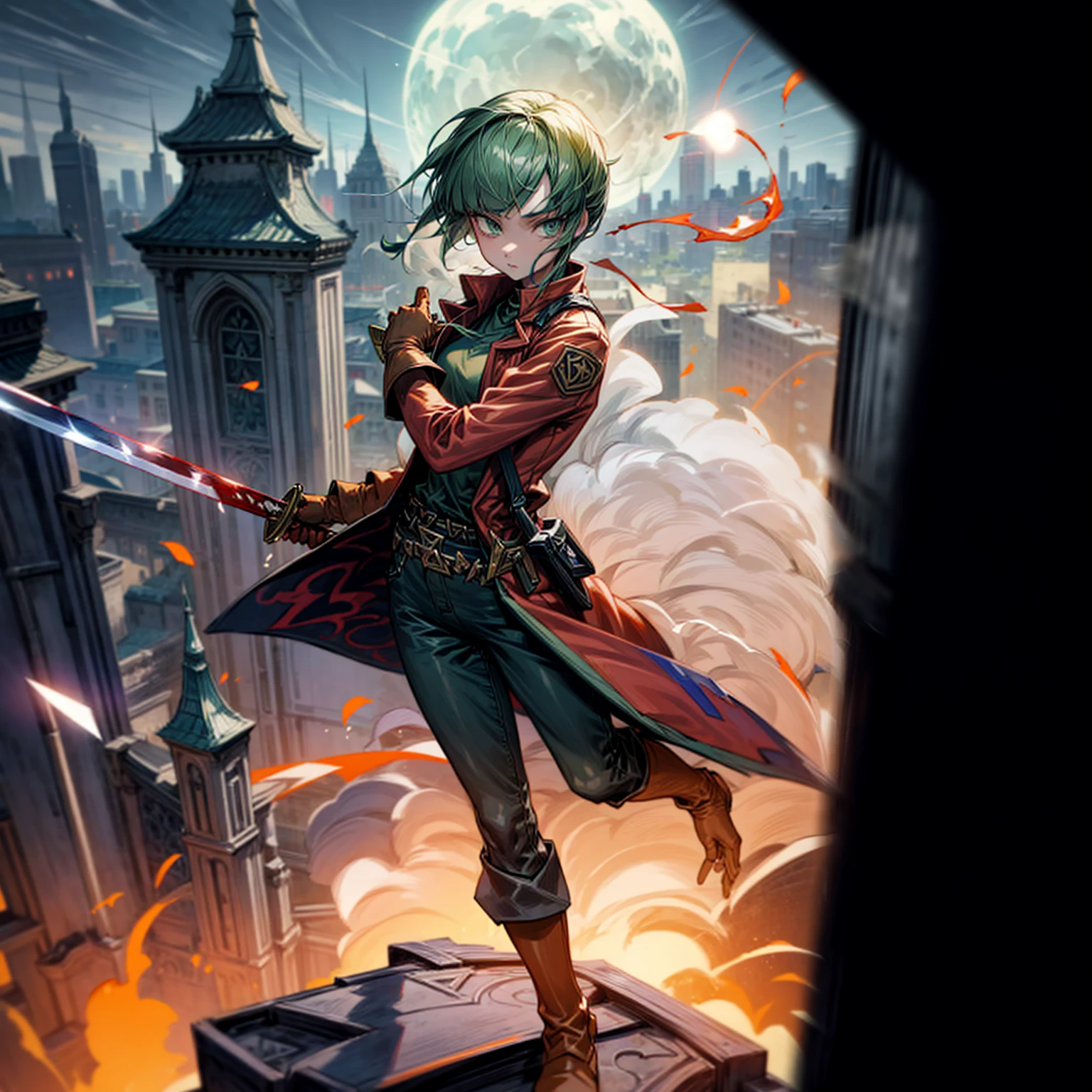 1girl, Full body version, 1character, green eyes, short haircut, (green color hair), soldier style clothing, red colour clothing, jacket, jeans, belt, boots, gloves, Grassroots, background On the roof of a city building, (motion blur), (detective conan style art), sword in hand, fire effect on sword, lighting effect on sword, fire effect, smoke effect, aura effect, Moonlight, bloody background, blood on face, blood on shirt, blood on sword 