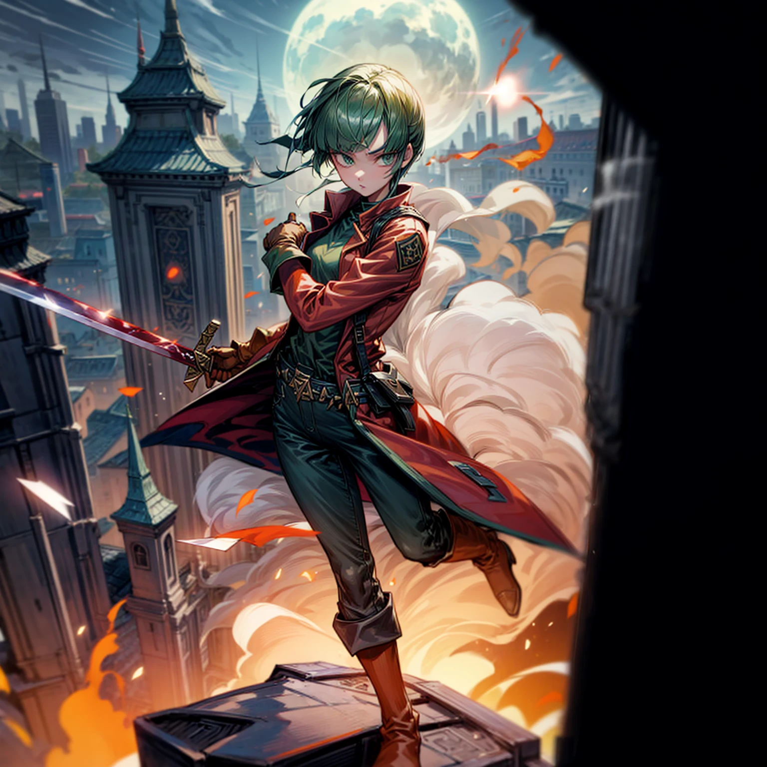 1girl, Full body version, 1character, green eyes, short haircut, (green color hair), soldier style clothing, red colour clothing, jacket, jeans, belt, boots, gloves, Grassroots, background On the roof of a city building, (motion blur), (detective conan style art), sword in hand, fire effect on sword, lighting effect on sword, fire effect, smoke effect, aura effect, Moonlight, bloody background, blood on face, blood on shirt, blood on sword