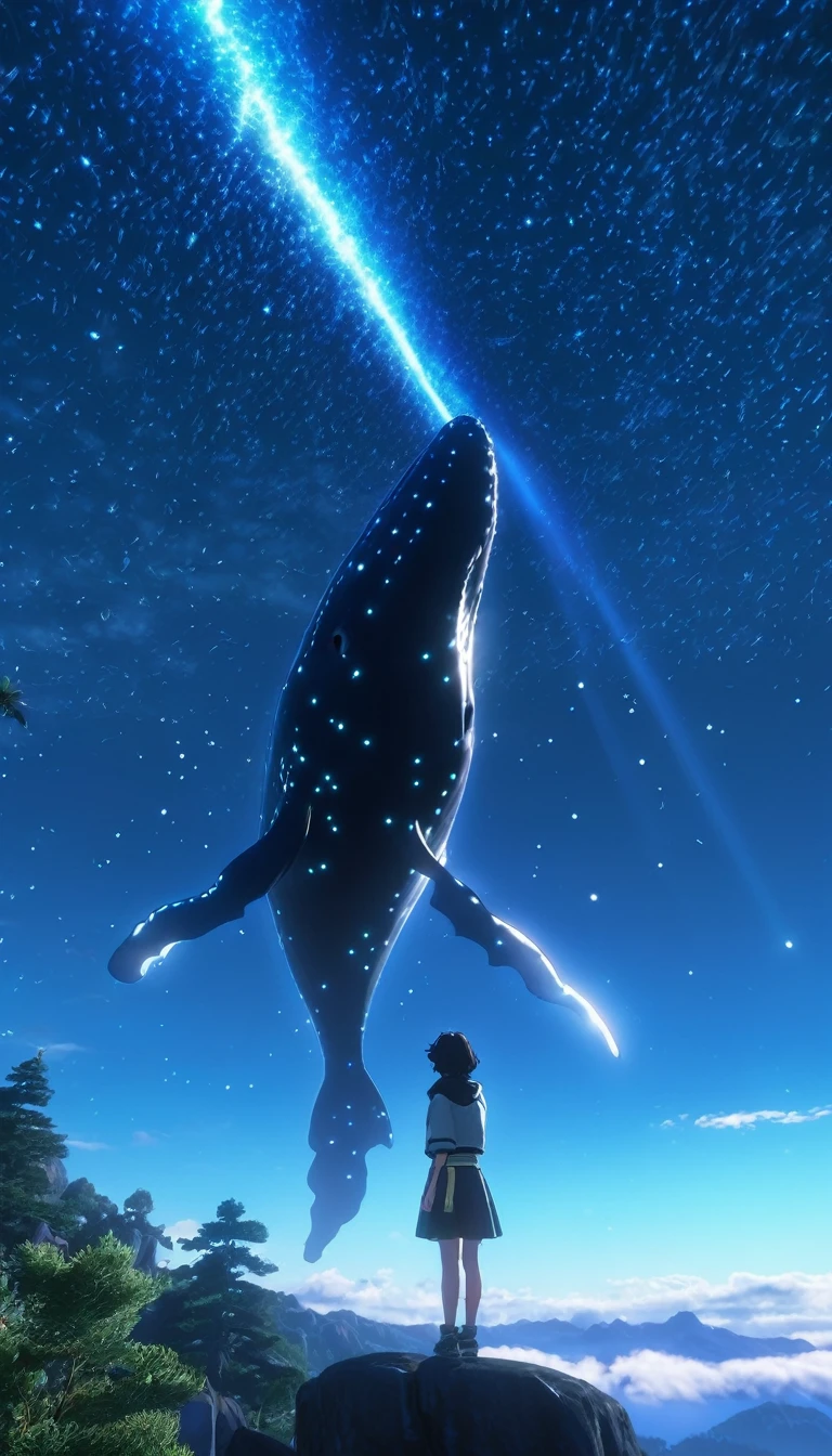 Low angle view,Looking up, A long-haired girl standing on the top of the mountain,A huge, glowing whale flies overhead,Starry Sky,Canon EOS R5,Photo effects,Graininess,Glowing Effects,Super Fine,Ultra-realistic,Real light and shadow contrast,True ray tracing,True light falloff,True light reflection,Anti-aesthetic style,Poodlepunk,Snapshot aesthetic style , High Saturation,CG Art, Makoto Shinkai's photo, pure, Concept Art, Lofi Art style,Shinkai Makoto animation art style, Lofi Art, Beautiful anime scene, Anime Landscape, Detailed scenery, Makoto Shinkai's style, Makoto Shinkai's style, Enhance Details