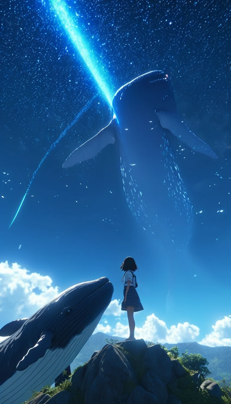 Low angle view,Looking up, A long-haired girl standing on the top of the mountain,A huge, glowing whale flies overhead,Starry Sky,Canon EOS R5,Photo effects,Graininess,Glowing Effects,Super Fine,Ultra-realistic,Real light and shadow contrast,True ray tracing,True light falloff,True light reflection,Anti-aesthetic style,Poodlepunk,Snapshot aesthetic style , High Saturation,CG Art, Makoto Shinkai's photo, pure, Concept Art, Lofi Art style,Shinkai Makoto animation art style, Lofi Art, Beautiful anime scene, Anime Landscape, Detailed scenery, Makoto Shinkai's style, Makoto Shinkai's style, Enhance Details