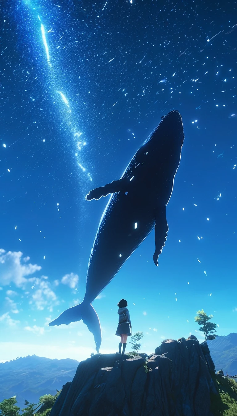 Low angle view，Looking up， A long-haired girl standing on the top of the mountain，A huge, glowing whale flies overhead，Starry Sky，Canon EOS R5，Photo effects，Graininess，Glowing Effects，Super Fine，Ultra-realistic，Real light and shadow contrast，True ray tracing，True light falloff，True light reflection，Anti-aesthetic style，Poodlepunk，Snapshot aesthetic style ， High Saturation，CG Art， Makoto Shinkai&#39;s photo, pure, Concept Art, Lofi Art style，Shinkai Makoto animation art style, Lofi Art, Beautiful anime scene, Anime Landscape, Detailed scenery, Makoto Shinkai&#39;s style, Makoto Shinkai&#39;s style, Enhance Details